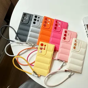 2-Piece Set: Minimalist Solid Color Puffer Phone Case with Leather Lanyard. Full Shockproof, Soft & Comfortable, High-Value & Versatile Protective Cover. Compatible with Samsung A56/A55/A36/A26/A17/A07 and other models.