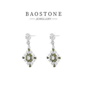 BAOSTONE Lab Created Artificial Gemstone 925 Silver Earrings-Verdant Olive-#E202