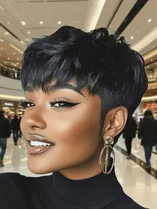 Top Dyed Gradient Brown Pixie Bob Wig 6 Inches Short Layered Cut Human Hair Wig Natural Bouncy Texture Easy To Install And Adjust Tangle Free No Shedding Glueless Casual Style Ideal For Daily Makeup And Party Looks