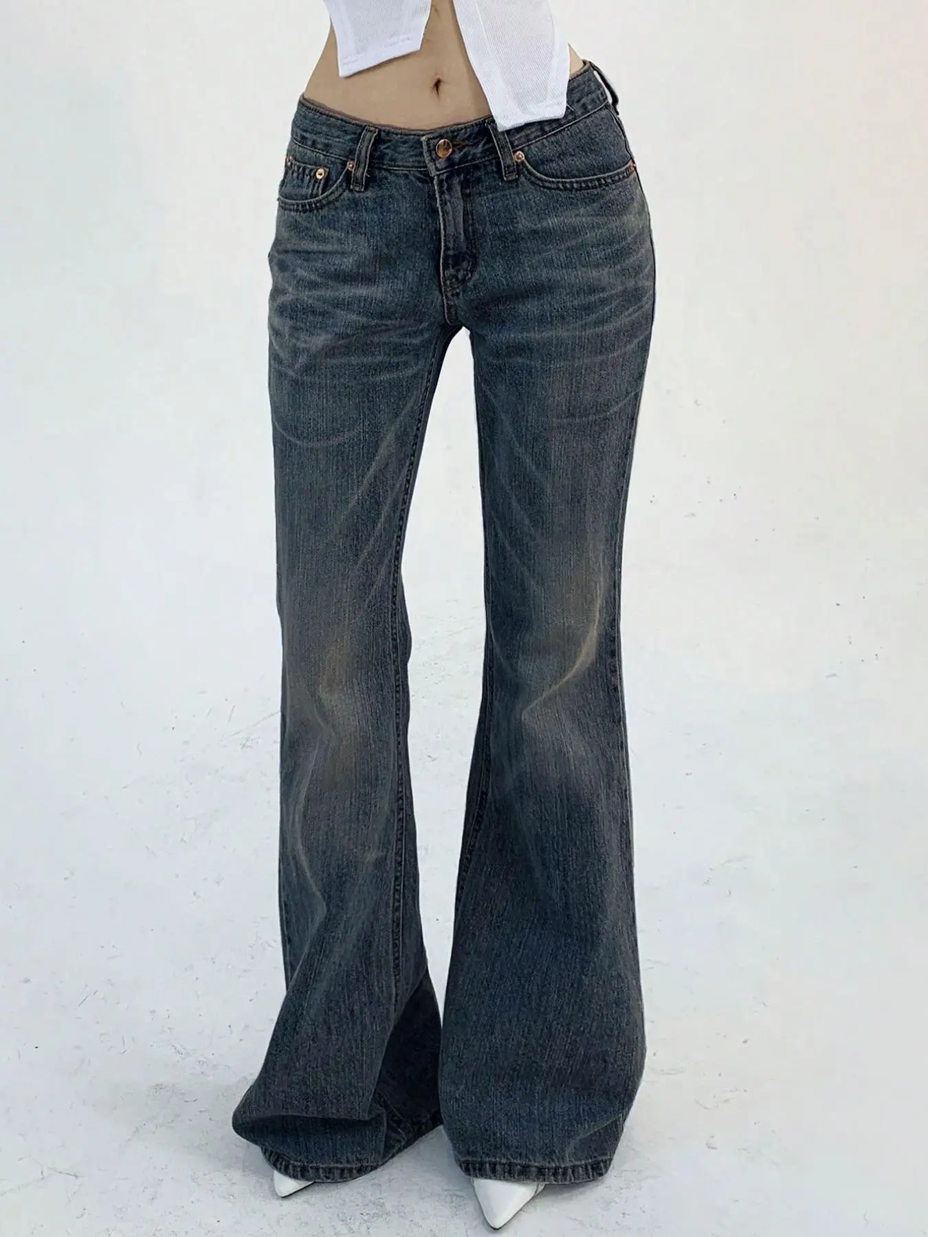 Women's Plain Basic Slim Fit Dark Wash Flared Leg Jeans, Casual Fashion Pocket Design Denim Trousers, Denim Pants for Daily Outdoor Wear, Ladies Bottoms for Summer