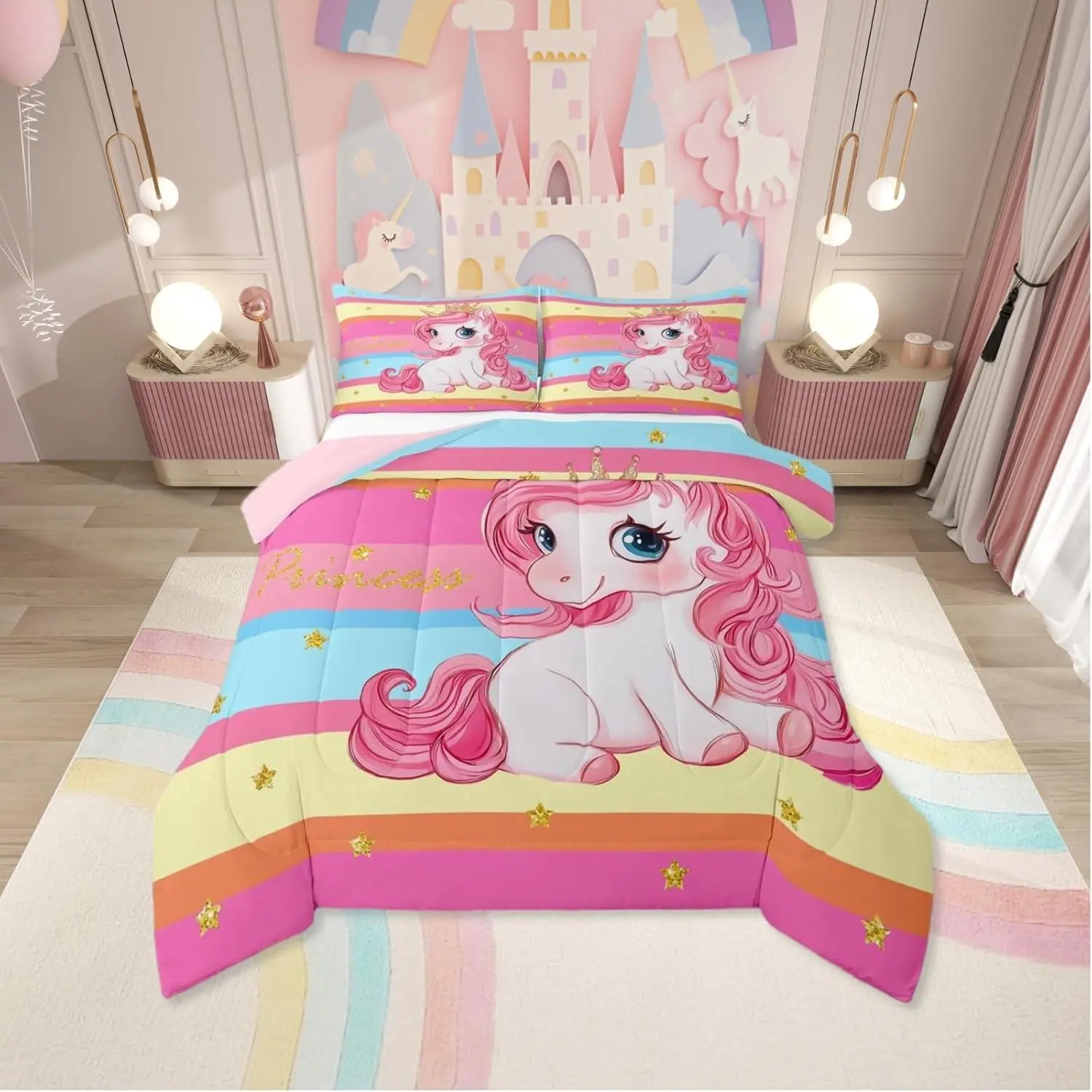 Pink Unicorn Bed Comforter Set for Girls | Princess Rainbow Unicorn Bedding Set,Cute Stars Striped Bed Set,Girly Cartoon Horse Quilt Comforter Fantasy Girls Room Decor