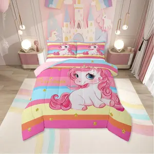 Pink Unicorn Bed Comforter Set for Girls | Princess Rainbow Unicorn Bedding Set,Cute Stars Striped Bed Set,Girly Cartoon Horse Quilt Comforter Fantasy Girls Room Decor