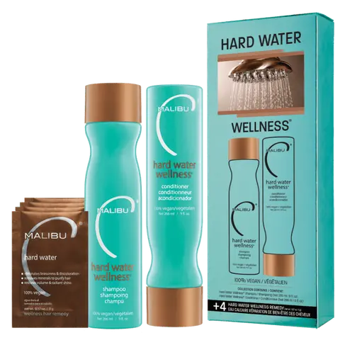 Malibu C Hard Water Wellness Collection - Hard Water Shampoo and Conditioner + Hard Water Mask Packets - Removes Hard Water Deposits & Impurities from Hair - Hydrating Hair Care