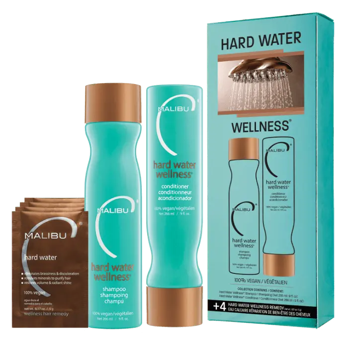 Malibu C Hard Water Wellness Collection - Hard Water Shampoo and Conditioner + Hard Water Mask Packets - Removes Hard Water Deposits & Impurities from Hair - Hydrating Hair Care