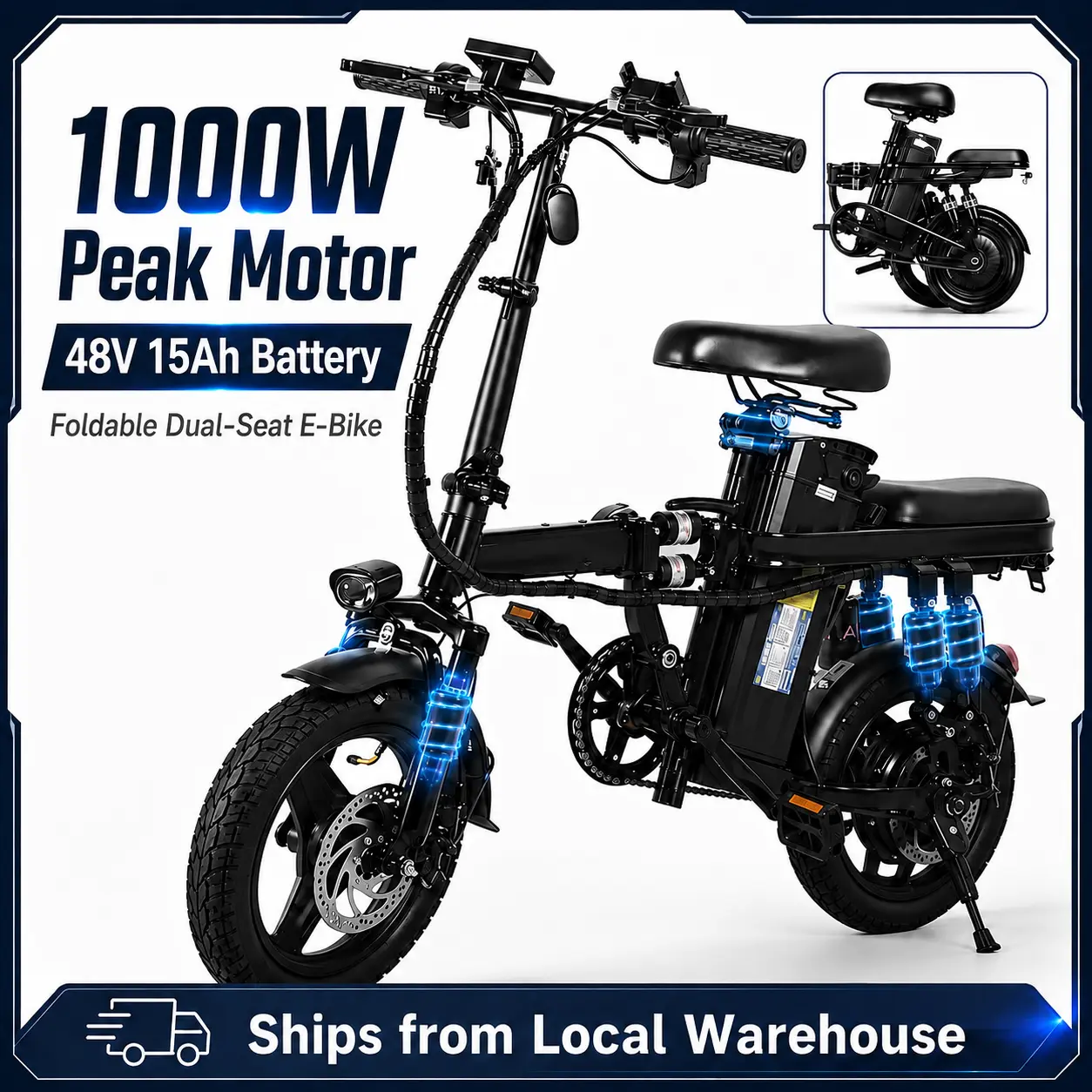 Adult Folding Ebike - Dual Foldable Seat, 1000W peak Motor,48V 15Ah Battery, 20 mph Speed, 30miles+Range, 14-LevelShock Absorption, Includes Wheels, Pedals, Charger(Sports & Outdoor Cycling Equipment) budget 70 us