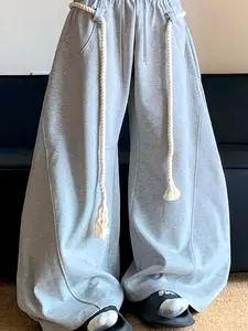 Men's Thick Rope Drawstring Baggy Sweatpants, Y2K Streetwear Elastic Waist, Wide Leg Oversized Track Pants, Casual Loose Fit Lounge Joggers