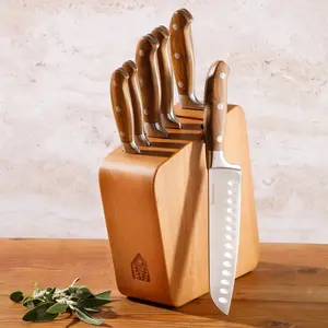 Bloomhouse 7 Piece Italian Olive Wood Knife Block Set w/ German Forged Steel Knives Kitchen Chopping Wooden