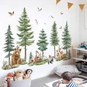 X-WPA20 Mountain Tree Wall Stickers Large Pine Tree Forest Animals Bear Deer Peel and Stick Wall Art Decals for Kids Bedroom Baby Nursery Decor Decoration