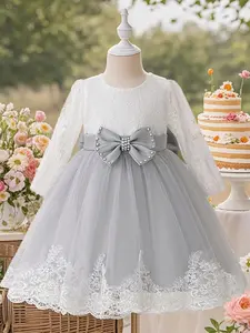 Girl's Lace Bow Decor Sweater Dress, Elegant Long Sleeve Round Neck Knit Formal Solid Color Dress for Party Wedding Guest, Kids Clothes for Spring & Fall