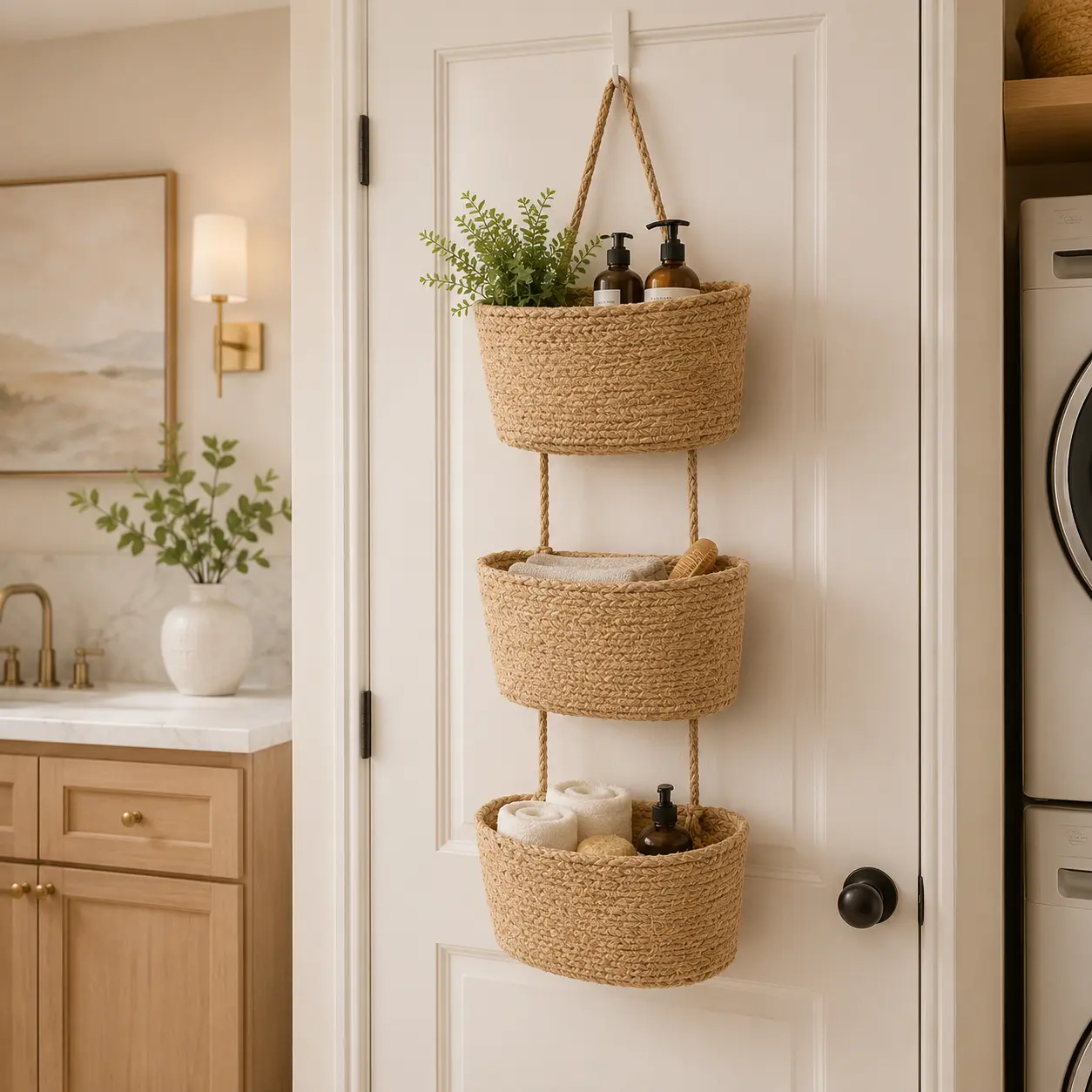 Woven Cotton 3-Tier Over-The-Door Hangable Storage Baskets - Multifunctional Organizing Home Organizer, Decorative Bathroom Organizer, Apartment Accessories for Beauty Essentials