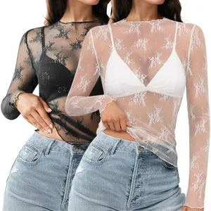 Tanming Womens Mesh Lace Tops Long Sleeve Shirts Slim Fitted Outfits See Through Blouses Summer Beach Top with Floral Embroidery for Layering #SpringStatements