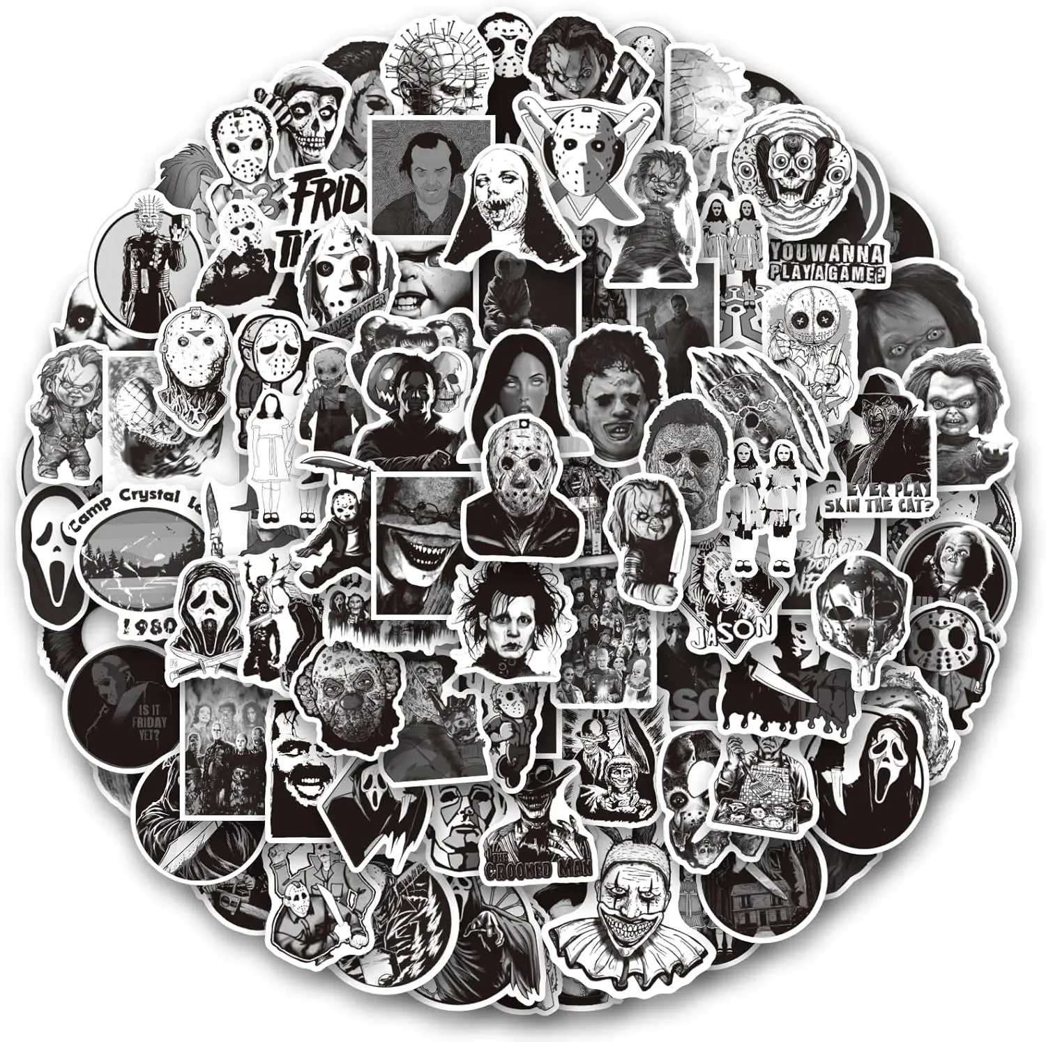200 PCS Horror Black Stickers and Decals,Horror Movie Sticker for Water Bottles,Horror Stickers Pack for Water Bottle,Laptop,Phone,Hard Hat,Bumper,Gifts for Adult