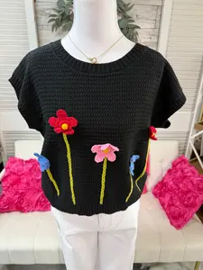 3D Floral crochet short sleeve sweater top