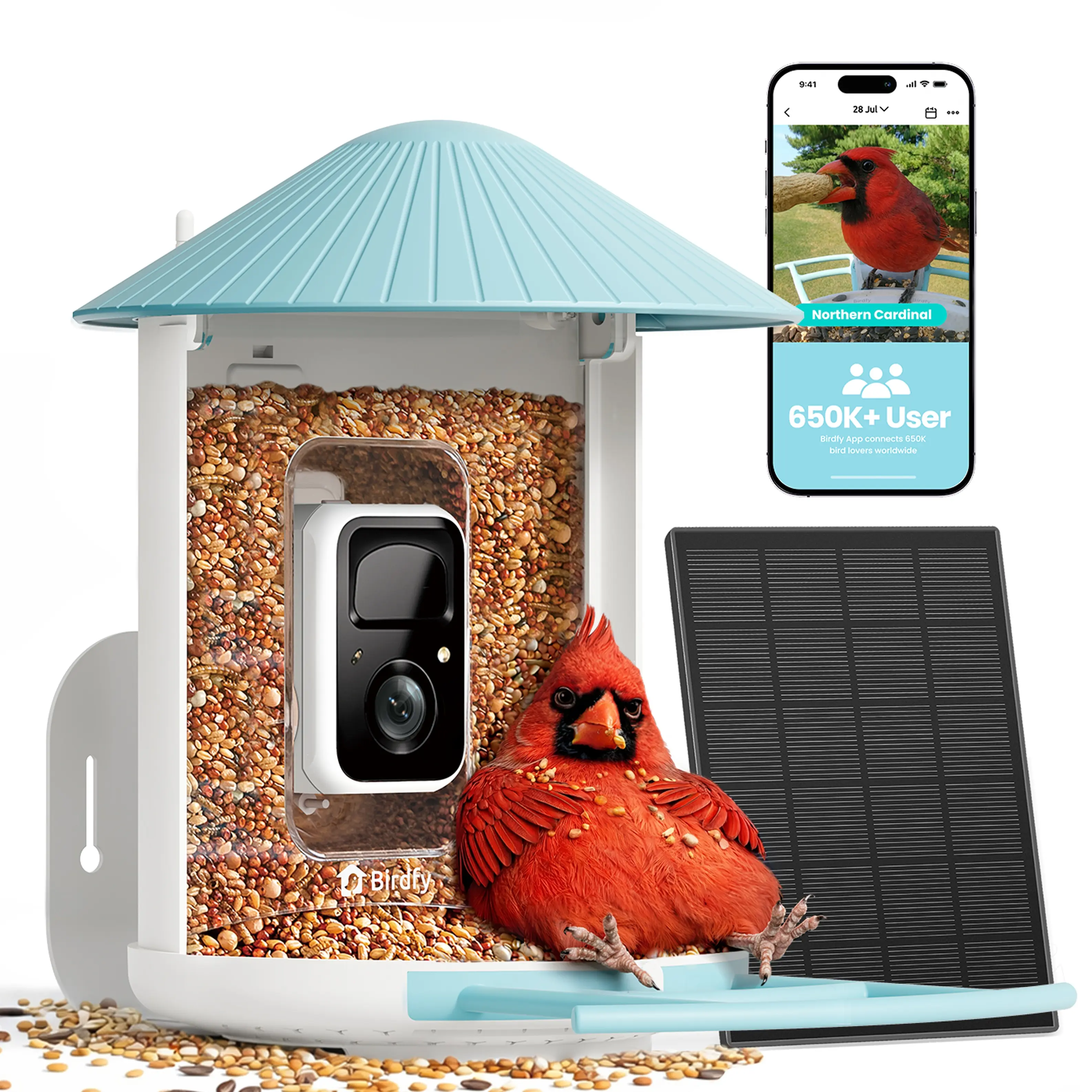 Birdfy Smart Bird Feeder with 2K HD AI Camera, Solar Powered, 5200mAh, Waterproof IP65, Wireless Wildbird Watching, Live Stream, Color Night Vision, Auto-Capture & Notify, Free Cloud Storage, Antenna, USB Charging, Roof, Screws (for Pet Lovers)