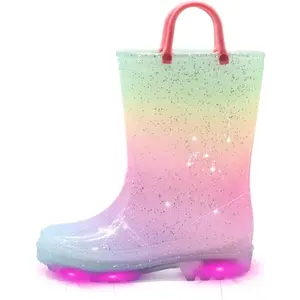 X-SOK26    Toddler Kids Waterproof Light Up Rain Boots Patterns and Glitter Boots with Handles for Boys Girls