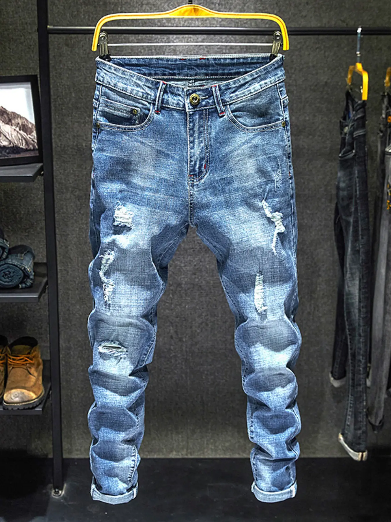 Men's Slim Fit Light Color Ripped Stacked Jeans, Fashionable Denim Jeans, All-Season Clothing, Tight Fit, Street Style, Casual Jean