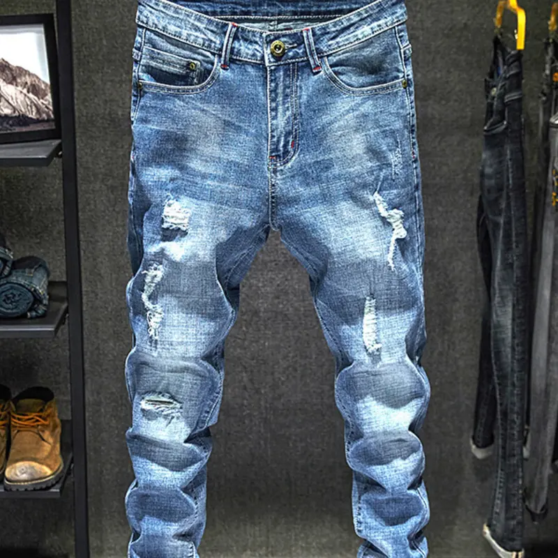 Men's Slim Fit Light Color Ripped Stacked Jeans, Fashionable Denim Jeans, All-Season Clothing, Tight Fit, Street Style, Casual Jean