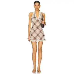 LIONESS Stars Align Mini Dress in Tan Plaid