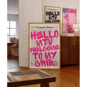 Groovy "Hi MTV" Poster - A Nostalgic 70s Wall Print. This Girly, Pink Preppy Artwork is Perfect for Aesthetic Apartment Decor or Dorm Rooms. A Charming "Welcome To My Crib" Statement Piece, Unframed letterpress Box Water Proof. Wood. Ornaments. Photo