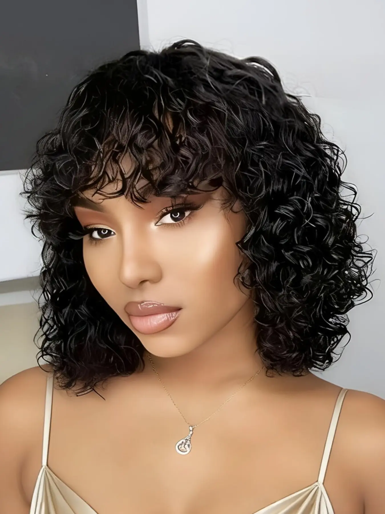 Bob Short Water Wave Human Hair Curly Wig with Bangs, Natural, Machine Made, Daily Party Cosplay Use, Women's Wig