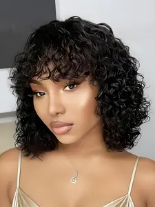 Bob Short Water Wave Human Hair Wig with Bangs, Natural, Machine Made, Daily Party Cosplay Use, Women's Wig