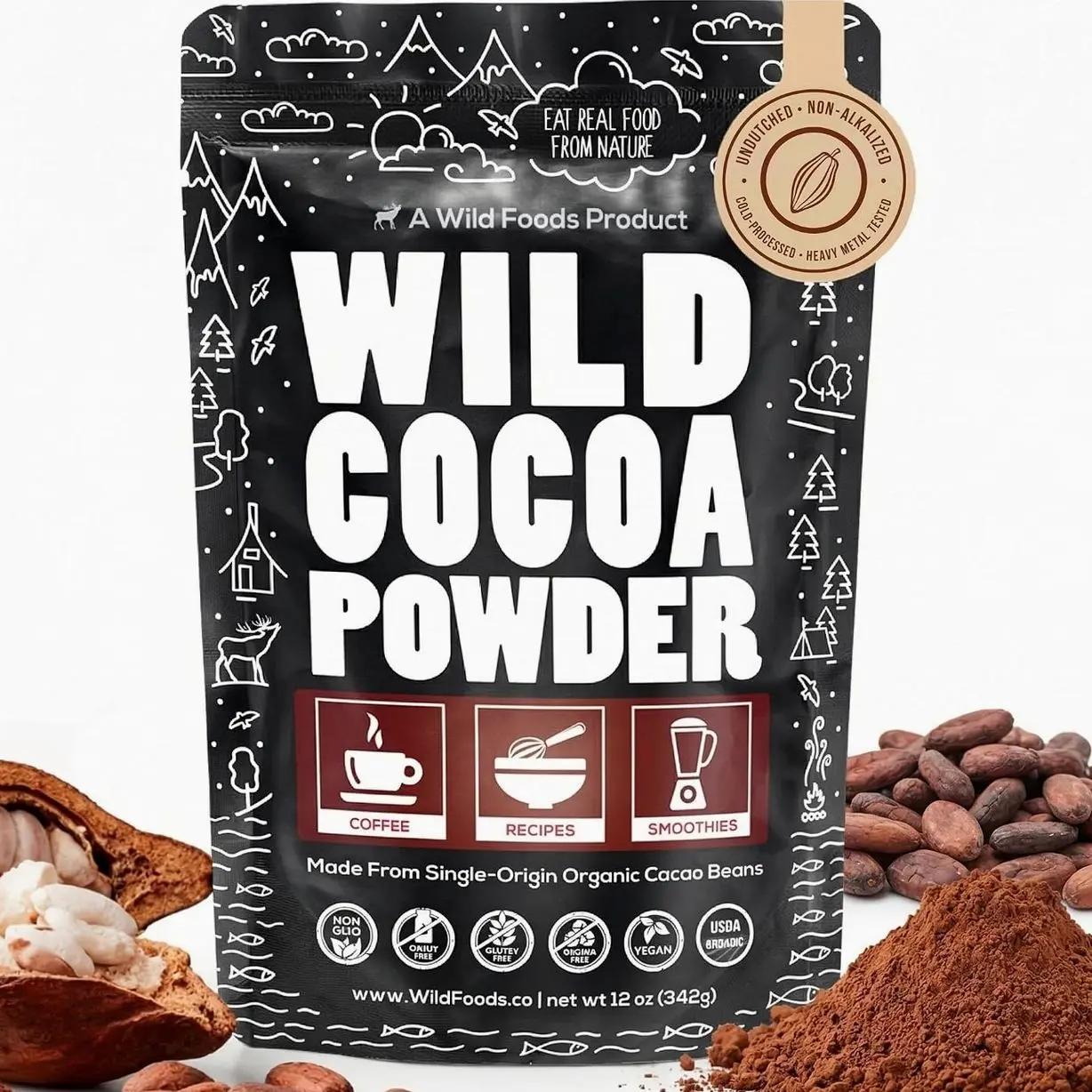 Wild Foods Organic Cocoa Powder | Single Origin Unsweetened Keto Chocolate Powder for Cooking & Baking | 100% Natural Cacao Beans | Sugar Free Non Dutch Raw Superfood | 12 oz
