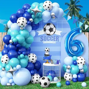 6Th Soccer Birthday Balloons Decorations, Soccer Balloon Arch Kit With Royal Blue Teal Light Blue Balloons, 40 Inch Blue Number 6 Balloon Tower, For Boys 6 Years Old Football Club Party Decorations