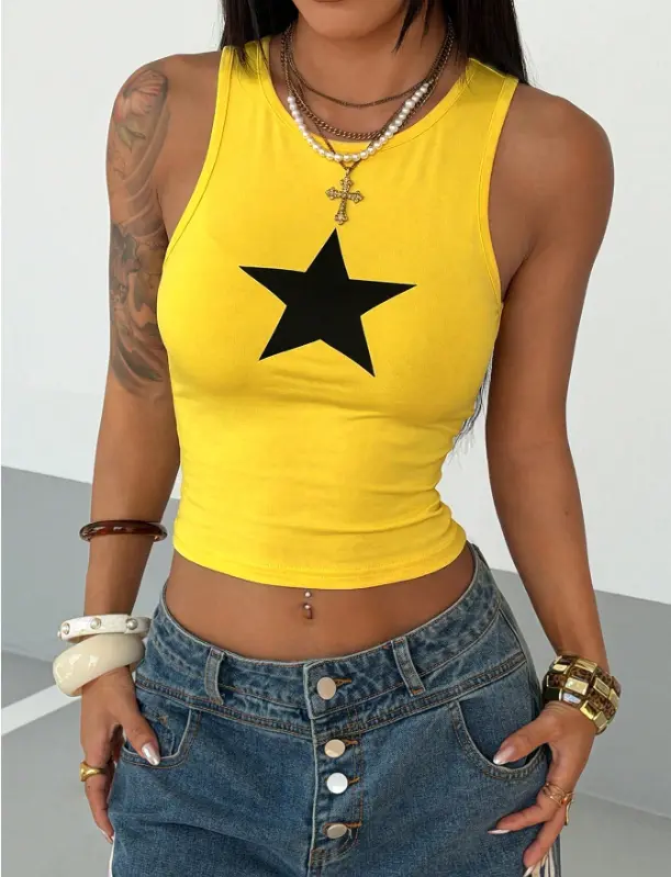 CROWNS Women's Star Print Cropped Tank Top Summer Street Wear Y2k, Night Out Going Out Rockstar Gym Vest Top