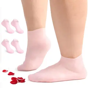 2Pairs Silicone Socks for Dry Cracked Feet Women,Non-Slip Moisturizing Foot Mask Exfoliating Socks,Gel/Aloe Vera SPA Repair Socks,Post Pedicure Heel Cracking & Softening Foot Treatment - Pink + White