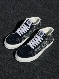 Men's Casual Mid-Cut Sneakers, Navy Canvas Shoes, Anti-Slip Durable, Fashionable All-Seasons, Round Toe, Lace-Up Design