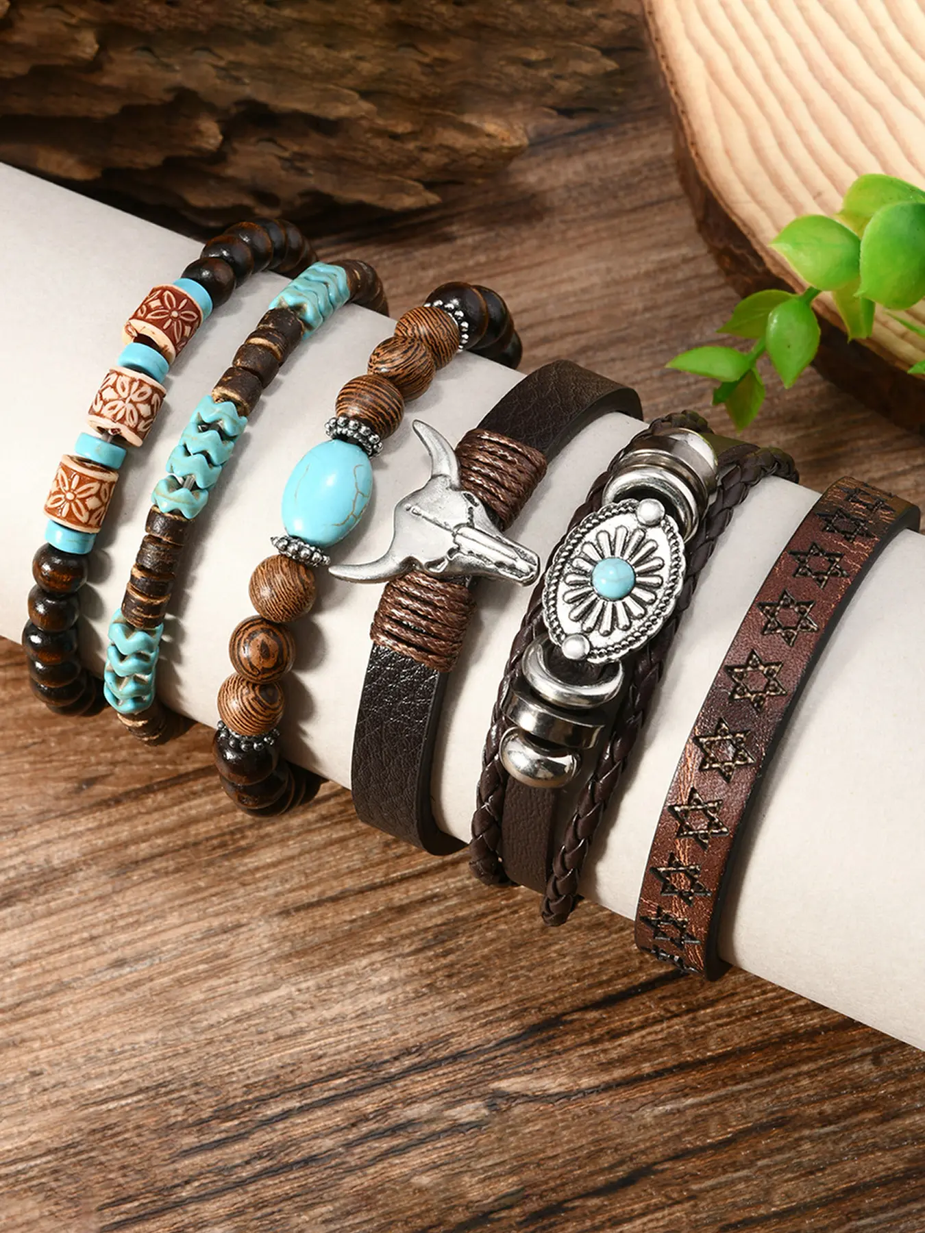 6-Piece Boho Turquoise Beaded Bracelet Set, High Quality Bracelet, Handmade Multi-Layer Ethnic Style Jewelry, Cow Skull Design, Skull Motif, All Seasons Wear, Bohemian Flair