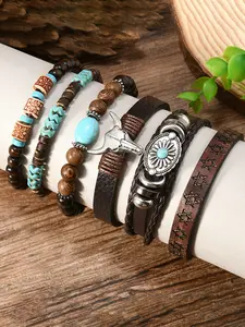 6-Piece Boho Turquoise Beaded Bracelet Set, Handmade Multi-Layer Ethnic Style Jewelry, Cow Skull Design, All Seasons Wear