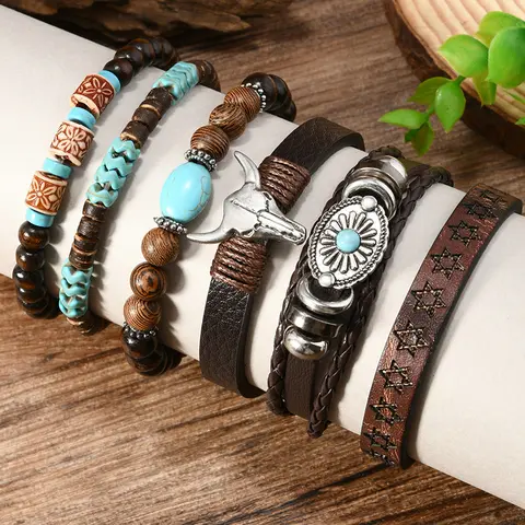 6-Piece Boho Turquoise Beaded Bracelet Set, High Quality Bracelet, Handmade Multi-Layer Ethnic Style Jewelry, Cow Skull Design, Skull Motif, All Seasons Wear, Bohemian Flair, Exquisite Bracelet