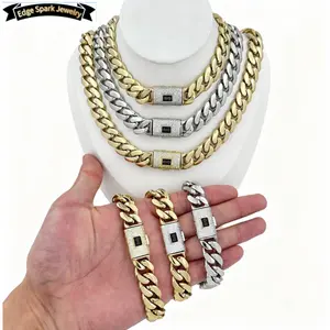 Edge Spark Jewelry 2026 Cuban Link ChainNecklace, Gold Plated Stainless Steel HipHop Necklace, 14mm Miami Cuban Chainwith Box Clasp chain