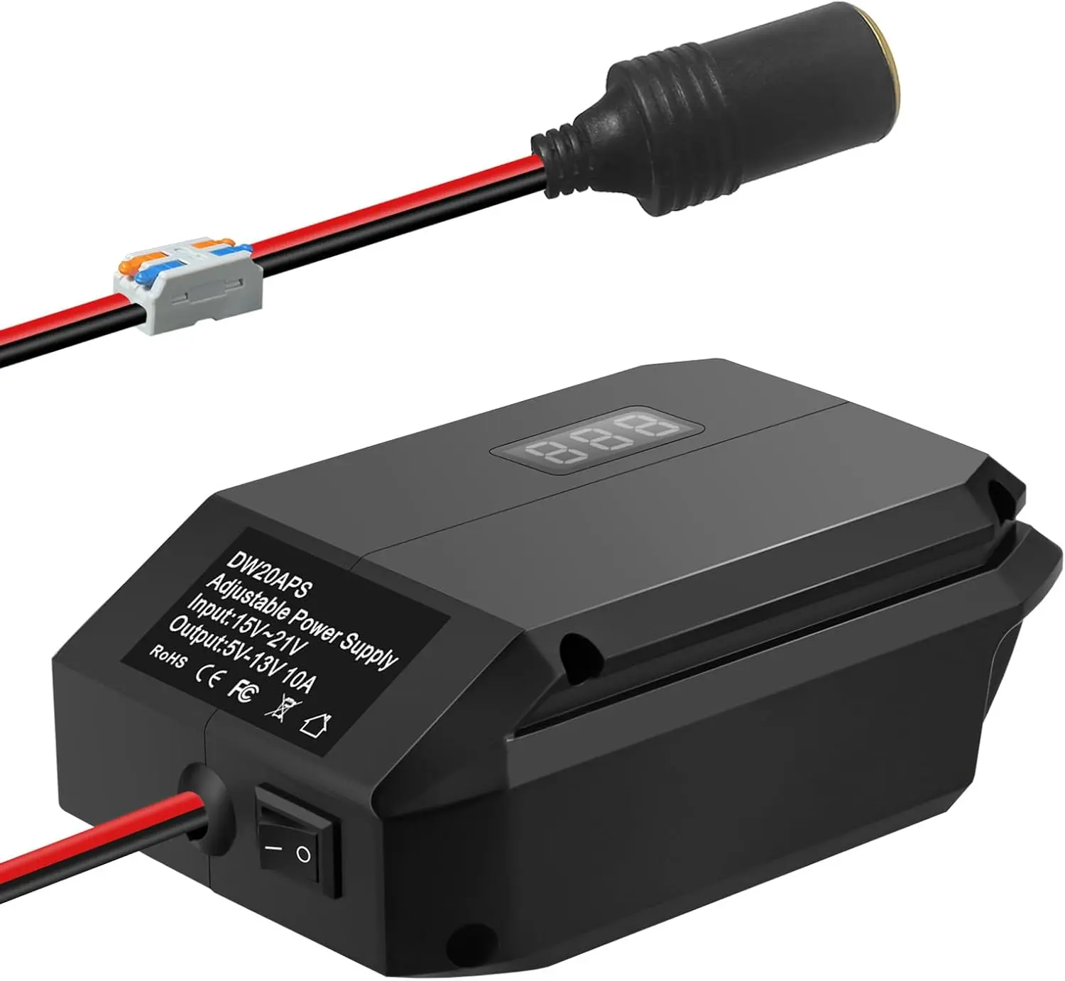 20V to 12V Adjustable Step-Down Converter Regulator Battery Adapter for Dewalt Batteries - DC 5-13V Stable Power Supply, 10A Max, Max 130W, Voltage Adjuster with Switch, Plug, Wire Connector, Cigarette Lighter Compatibility for 12V Devices