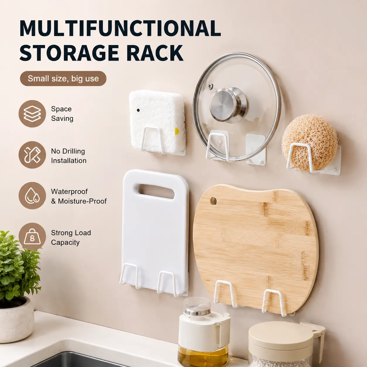 1 Count, Adhesive No Punching Wall Mounted Storage Rack, Cartoon Printed Organizer Holder for Kitchen Sink Bathroom Household Organization