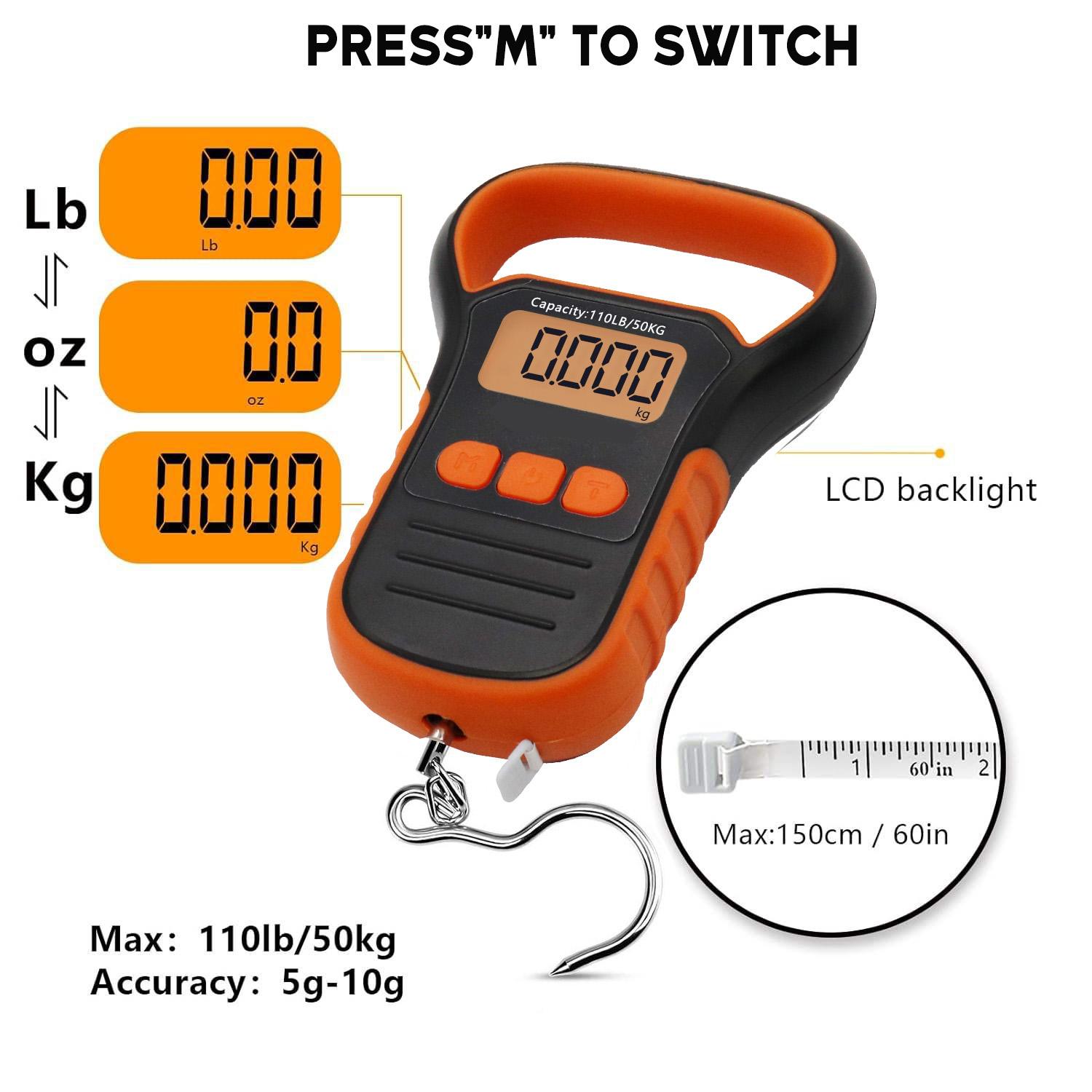 110lb/50kg Capacity Professional Fishing Scale, Fish Scale, Hanging Scale – With Fishing Lip Gripper, Waterproof, Backlit Night Light, LB/OZ/KG Unit Conversion, Memory Function & Measuring Tape | Portable Set Includes Lip Clamp, Battery