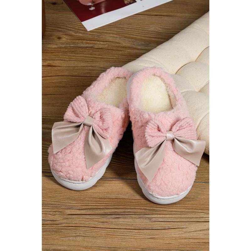 White Contrast Bowknot Applique Plush Winter Slippers