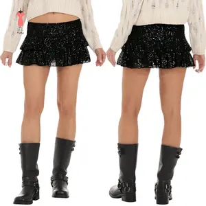 Women's Sparkle Sequin Mini Skirts Low Waist Solid Color Ruffle Skirts Carnival Rave Skirts