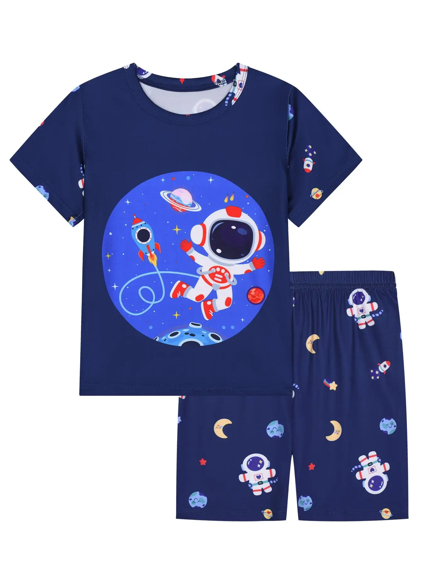 Boy's Cartoon Astronaut Print Crew Neck Tee & Elastic Waist Shorts Pajama Two-piece Set, Casual Comfy Round Neck Short Sleeve T-shirt & Shorts Pj Set,