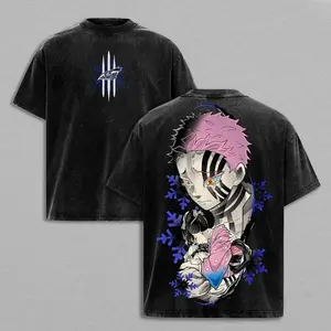 Akaza vs Koyuki Oversized Washed T-Shirt Demon Slayer Kimetsu no Yaiba Vintage Heavy Cotton Unisex Tee Anime Manga Streetwear Retro Graphic Top Otaku Merch Gift for Fans MCV