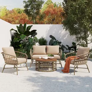 GO Bohemia-inspired 4-Person Outdoor Seating Group with Removable Cushions, Conversation Patio Set with Wood Tabletop, Beige