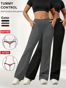 Plus Size Flare Yoga Pants High Waist for Women, Super Elastic Breathable Bootcut Workout Leggings, Tummy Control Butt Lift Bell Bottoms with Pockets, Soft Non See-through 4 Way Stretch Athletic Pants for Yoga Gym Running Casual Daily Lounge Wear