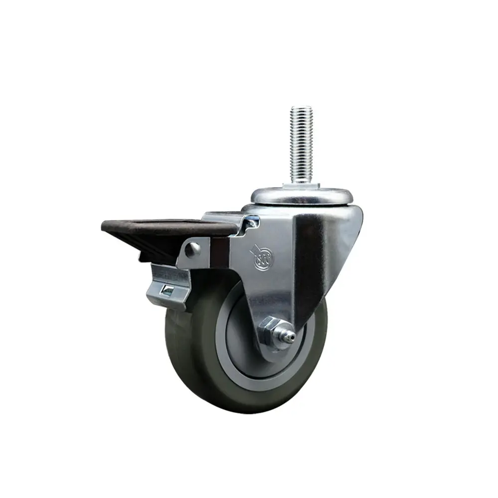 Service Caster Series #20 SCC-TS20S3514-PPUB-PLB-34212 Polyurethane Swivel Threaded Stem Casters - Posi Locking Brake, Ball Bearing, 3.5x1.25 in. Gray Non-Marring Wheel, 0.75 in. Stem, 300 lbs Capacity for Material Handling Carts, Equipment