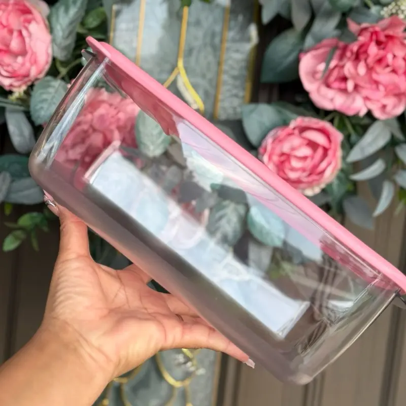 Large Rectangular Kitchen Utensils Preserving Container – 14 Cups, Pink Lid, Clear Base