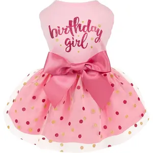 Pink Tulle Dog Dress for Small Dogs and Cats, Birthday Girl Design with Glitter Letters and Bowknot Waist