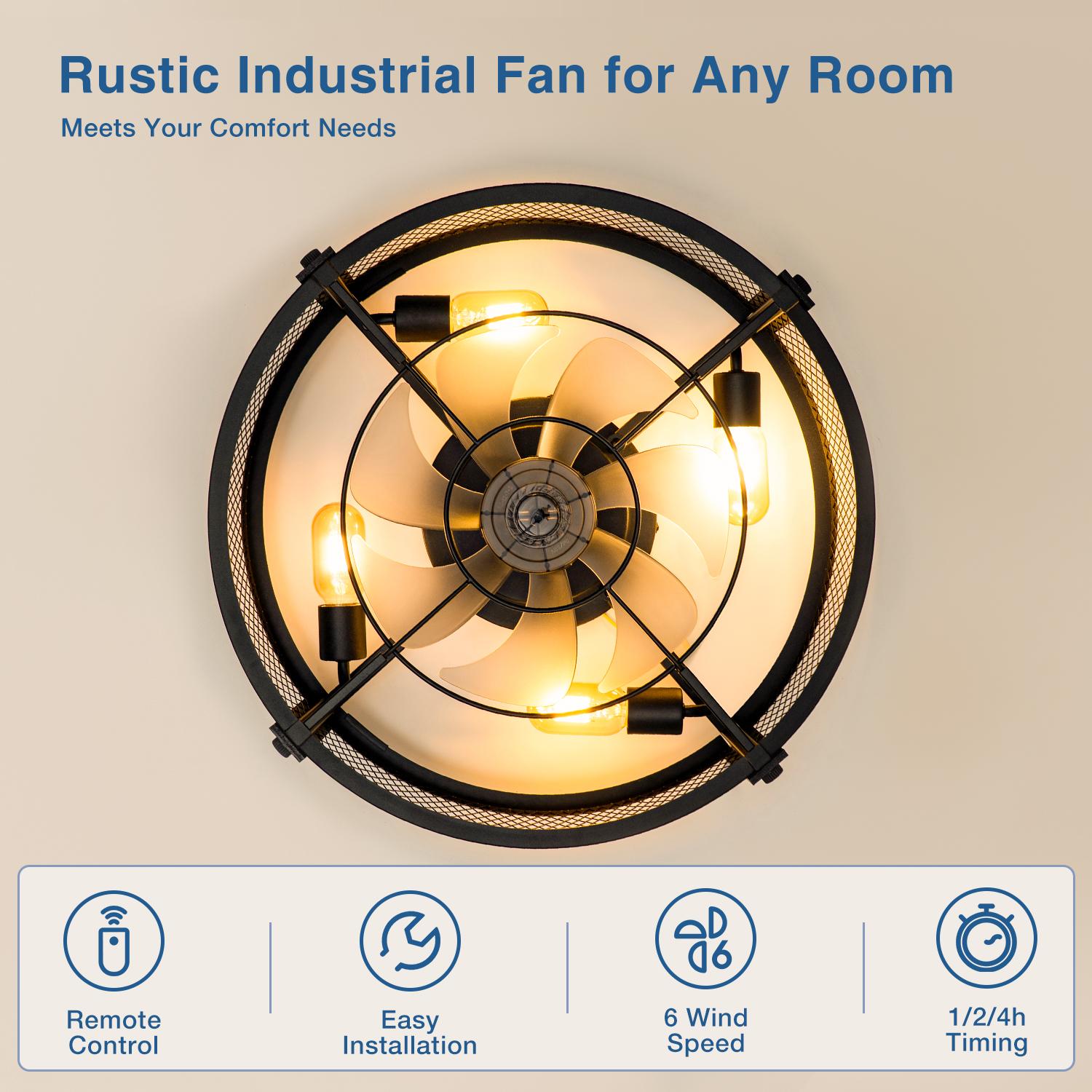 20" Farmhouse Flush Mount Ceiling Fans with Lights and Remote, Industrial Black Caged Low Profile Fandelier, 6 Speeds Bladeless Ceiling Fan for Bedroom, Kitchen, Living Room