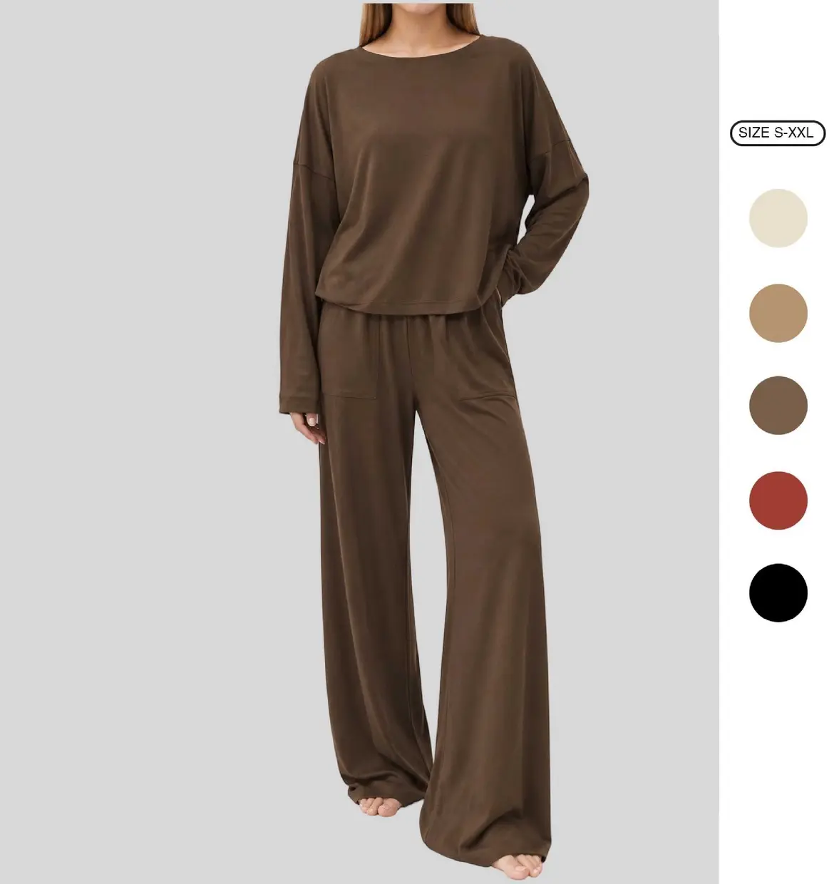 Women’s 2 Piece Ribbed Lounge Set, Oversized Cropped Long Sleeve Top and High Waisted Wide Leg Pants, Casual Matching Travel Outfit for Fall Winter