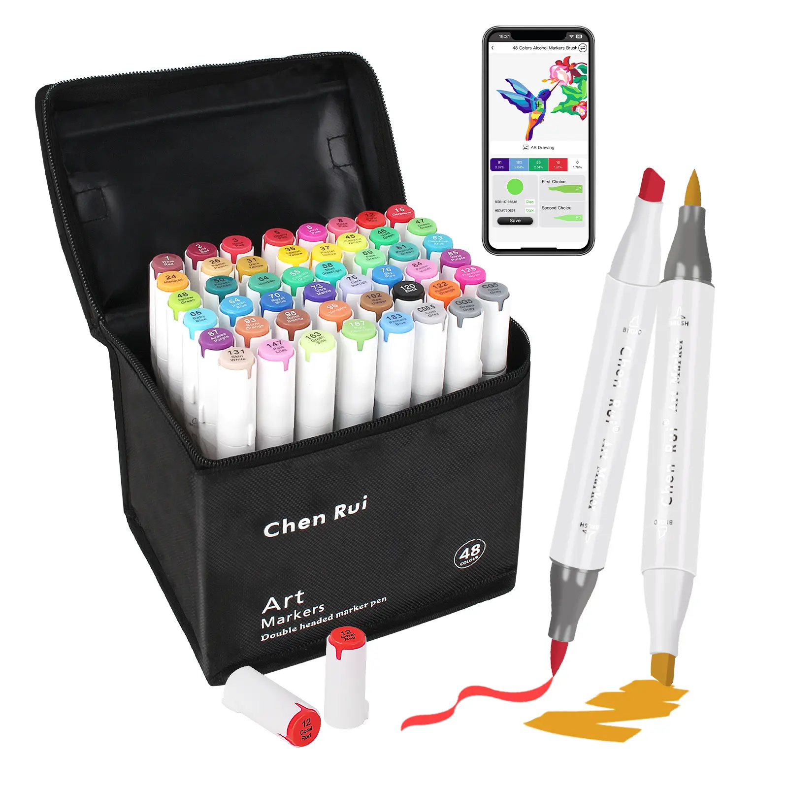 48 Colors Alcohol Markers Brush Tip with Free App, Chen Rui Dual Chisel & Brush Tips Alcohol Based Markers for Adults Coloring, Alcohol Brush Pens for Drawing, Painting, Illustration, Sketching