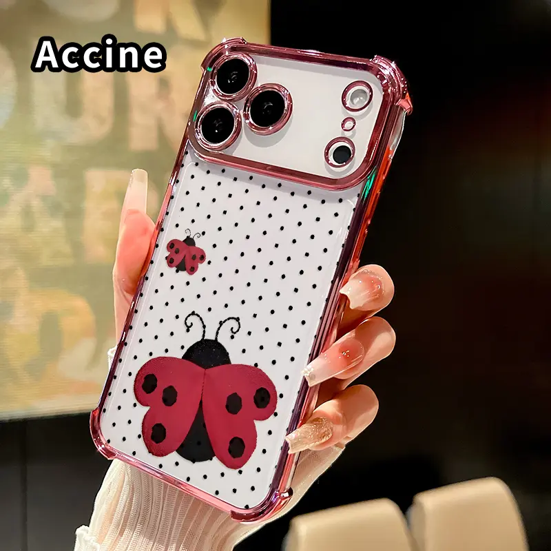 Phone Case for iPhone 17 16 Pro Max 15 Plus 14 13 12 11 E Air Ladybug on Dots Pattern Protective Four Corners Plated Shockproof Transparent Soft Silicone Cover